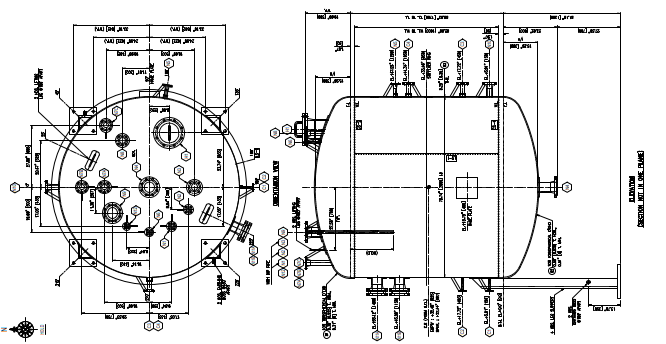 Diagram showing internal heating/cooling coils and multi-nozzle configuration on a pressure vessel