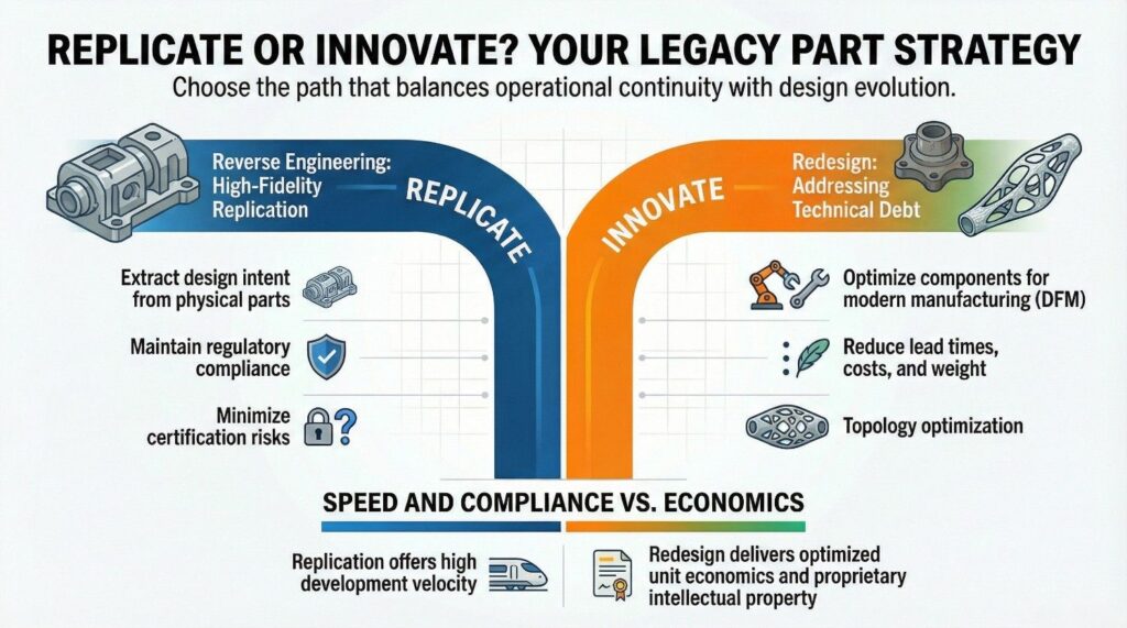 A comparison table contrasting Reverse Engineering versus Redesign across four key metrics: Compliance Risk, Development Velocity, Unit Economics, and Structural Integrity