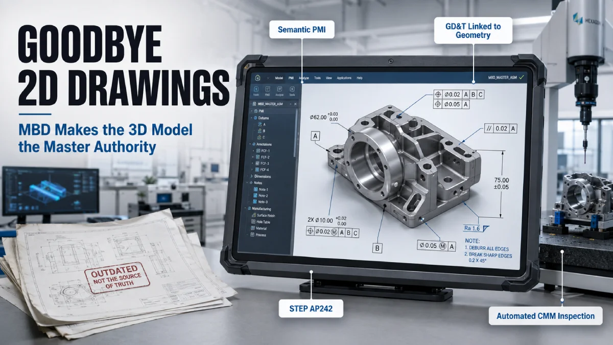 Premium engineering blog thumbnail showing a rugged industrial monitor with a 3D mechanical CAD model containing embedded PMI and GD&T annotations, faded 2D drawings marked outdated on the desk, and a CMM inspection setup in the background, representing Model-Based Definition replacing traditional 2D drawings.