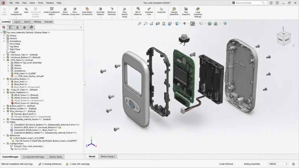 Why Outsourcing 3D CAD Modeling Breaks at the Assembly Line CAD Assembly Tree Showing Missing References and Broken Mates